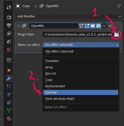 Select a plugin library and effect in the OpenMfx modifier